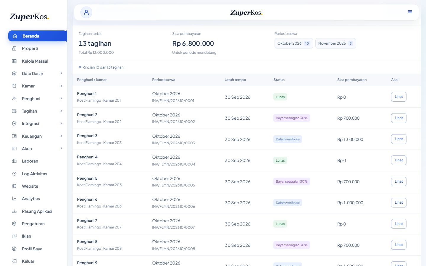 Daftar tagihan dengan status lunas, bayar sebagian, dan dalam verifikasi